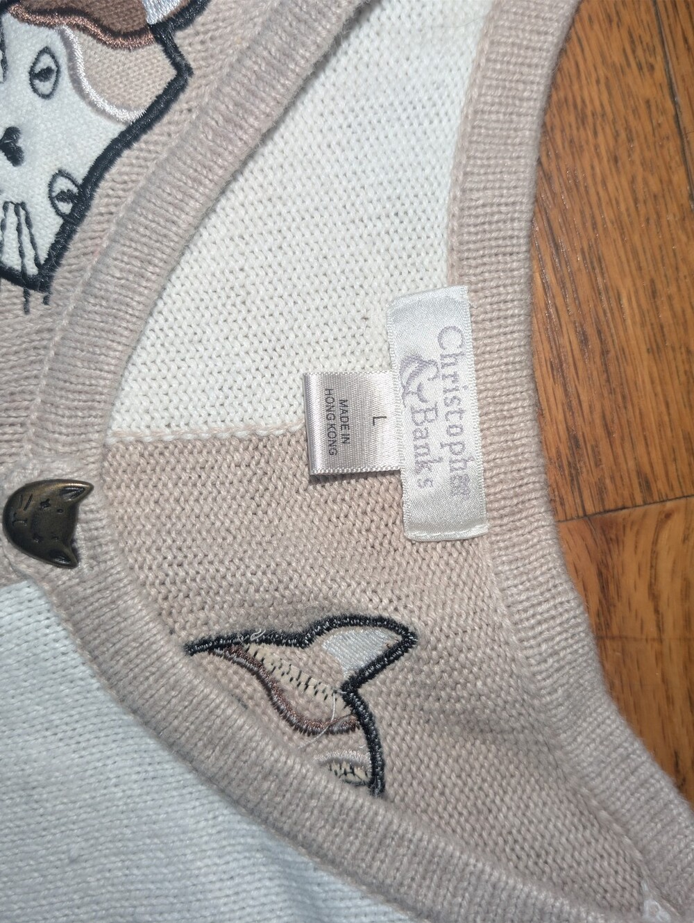 Christopher & Banks Cat Kitty Checkered Cardigan Sweater Size Woman's Large - Picture 3 of 3